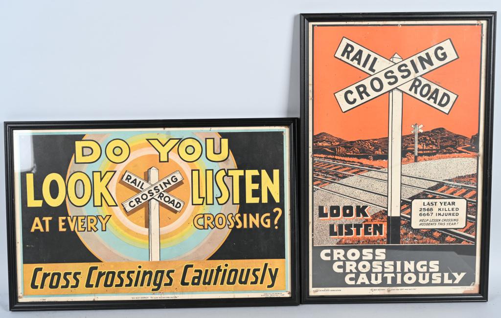1929 & 1934 Cross Crossing Cautiously Posters: rated 7, 15"x23", single-sided cardboard posters, both have good color, both have soiling and minor damage.
