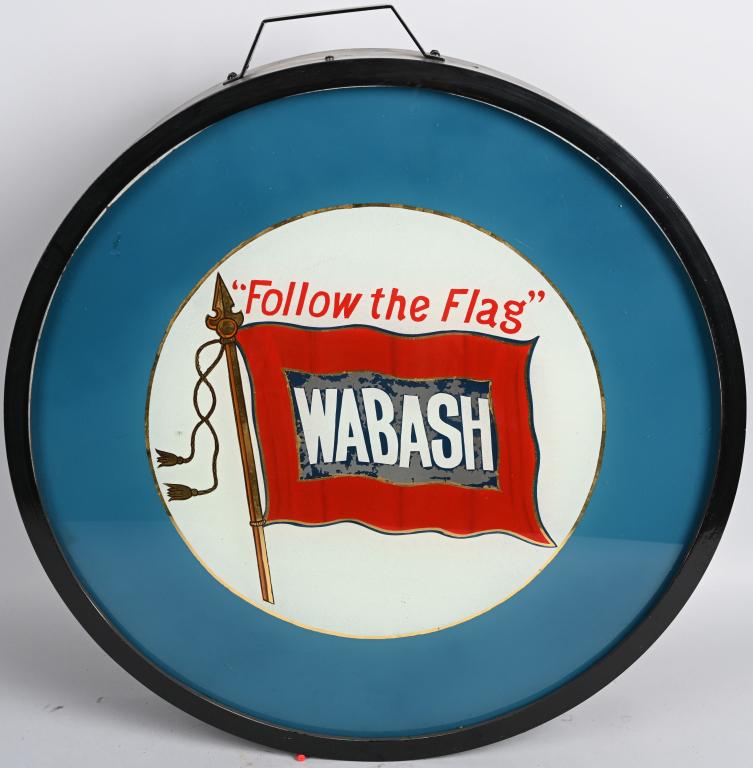 Original Wabash "Follow the Flag" Drum Head Light: the Wabash "Follow the Flag" drum head glass lens in in good condition, with minor paint faking in the dark blue color only, the metal body is new, 27"x27"x5".