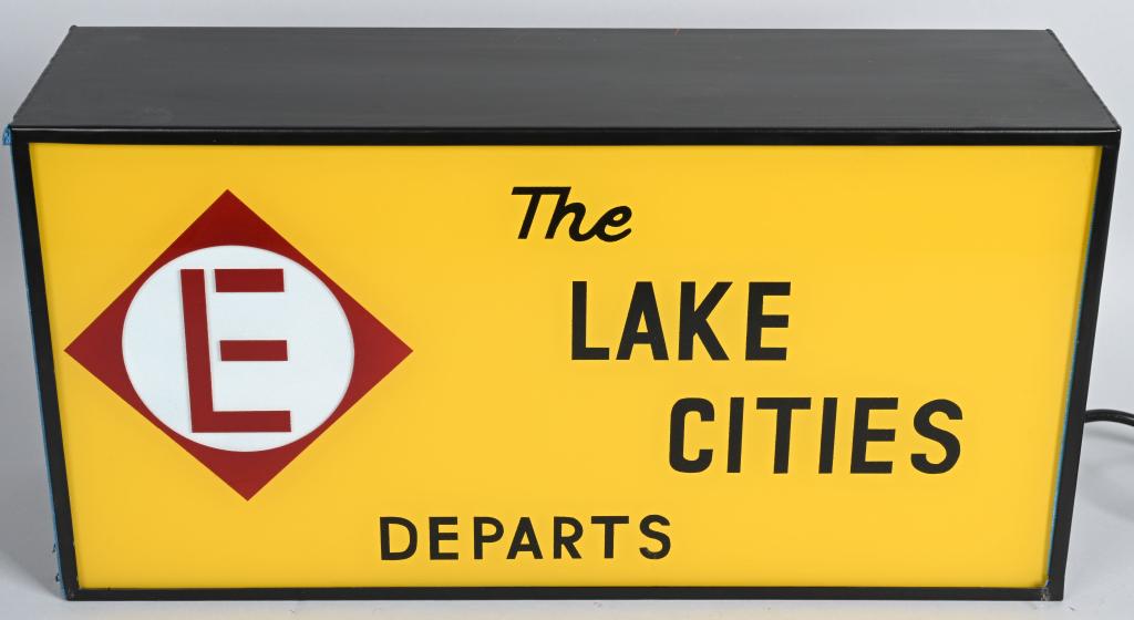 Erie RR "The Lake Cities Depart" Drum Head Sign: display panel is in excellent condition, metal light box is new, 12"x24"x7".