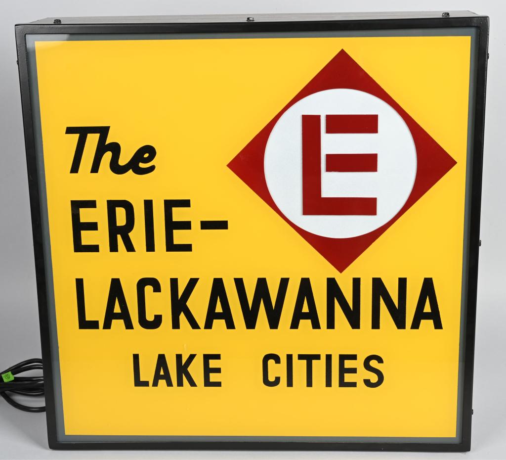 Erie-Lackawanna "Lake Cities" Drum Head SIgn: display panel is in excellent condition, is mounted in a new lighted metal can, 24.5"x24"x7".