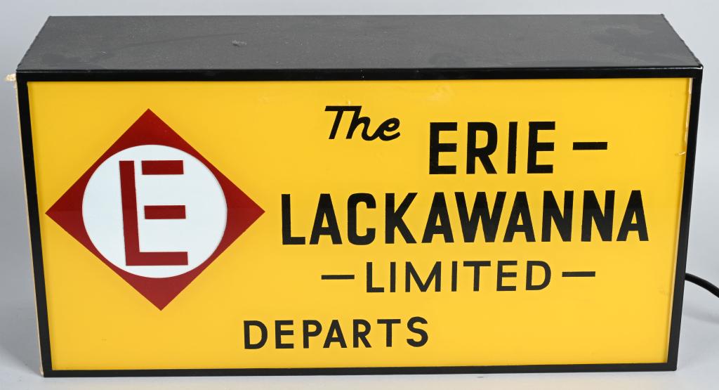Erie-Lackawanna Limited Drum Head Sign: display panel is in excellent condition, it is mounted in a new lighted metal can, 12"x24"x7".