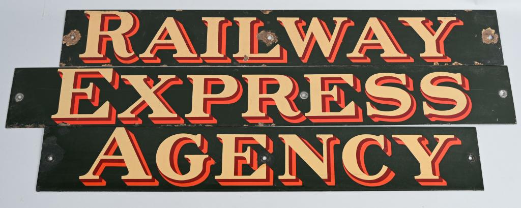 Railway Express Agency Porcelain Sign: rated 7.75, 5"x127", SSP multi-piece sign has good color and gloss, has light wear and chips around the mounting holes