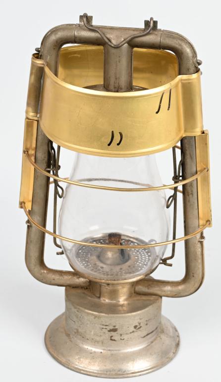 Dietz? Fireman Tubular Metal & Brass Lantern: rated 8, 14.5"T., has light wear and dings, lantern is metal with brass top shield and rings, has a Rayo clear globe