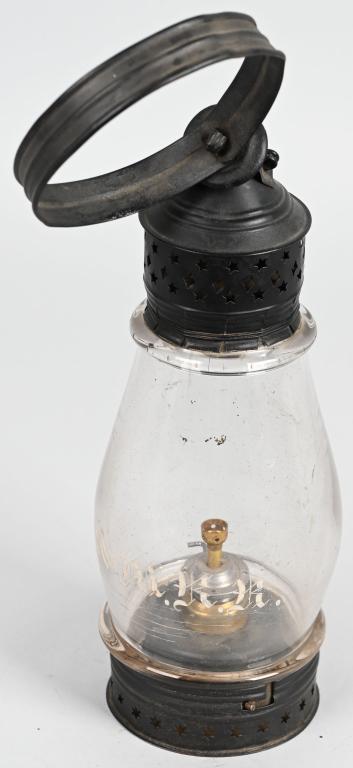 Boston & Maine RR Fixed Clear Etched Globe Lantern: rated 7.75, 12"T., the lantern is in good condition, is an old repaint, has minor dings, the clear globe is etched B & M R.R., metal pieces have pierce star design, burner is remove by half a turn, is