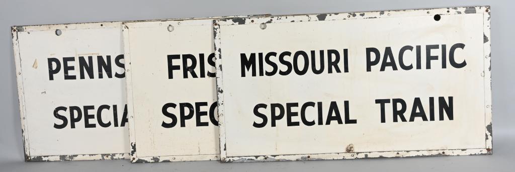 3-Masonite Railroad Car Sign: rated 7 to 8, 24"x44", single-sided Masonite metal framed sign, has good color, light wear, there is paint loss to the metal frame, Frisco Lines Special Train, Missouri Pacific Special Train & Pennsyl