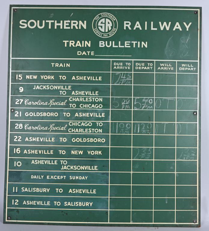 Southern Railway Train Bulletin Board Sign: rated 8.25, 47"x41", SST sign, has good color, has light wear, a lot of North Caroline city listed