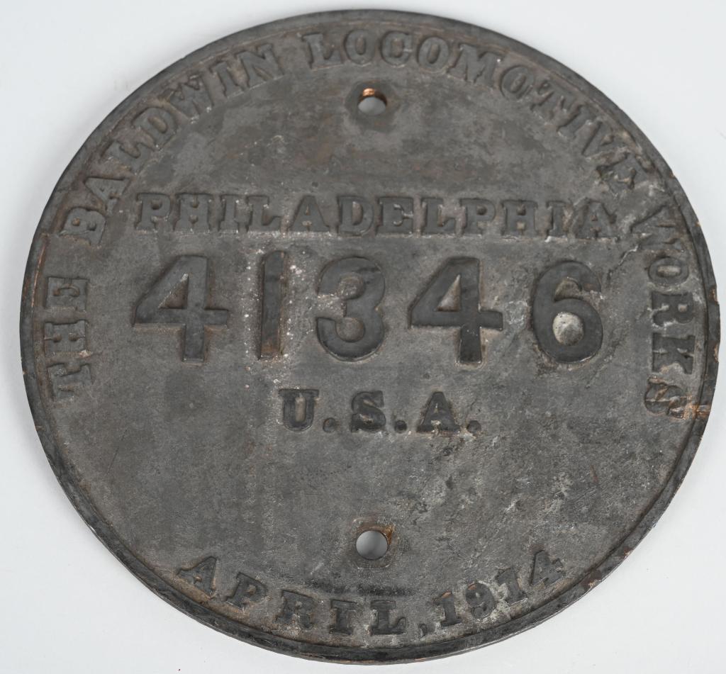 Southern Railway Baldwin Builders Plate: good condition, 9.25"D. Original Southern Railway Baldwin Locomotive Builders Plate. Plate is all original from Southern Railway 2-8-2 Mikado number 4588. Engine was scrapped at Hayne Shops (SC) March