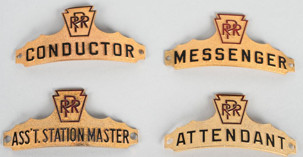 4-Pennsylvania Railroad Hat Badges: brass enameled hat badge, attendant, Messenger, conductor & ass't. Station Master, all in good condition, 1.5"x3".
