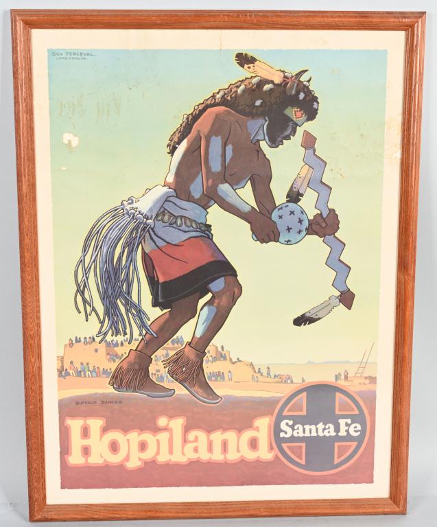 Santa Fe Railroad "Hopiland" Poster: rated 7, 25.5"x19.5", paper poster has good color, field is clean, has small tear in top and holes in upper field, in oak frame.