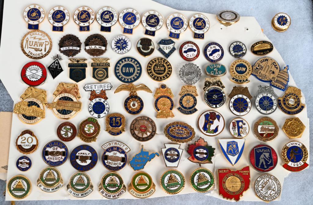 70+ VINTAGE UNION PINS: Includes some rare and unusual pins. Including UMWA, UAW, AMC&BW of NA, Freight Teamsters, LA to BRT, B of RT, UMW, and More