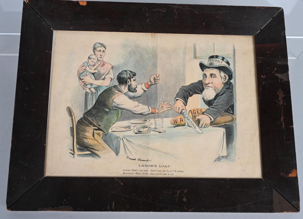 1880s JUDGE "LABOR'S LOAF" PRINT By FRANK BEARD: Original Judge Print showing Monopoly taking cut of Labor's Loaf. In very old frame. 17"x13"
