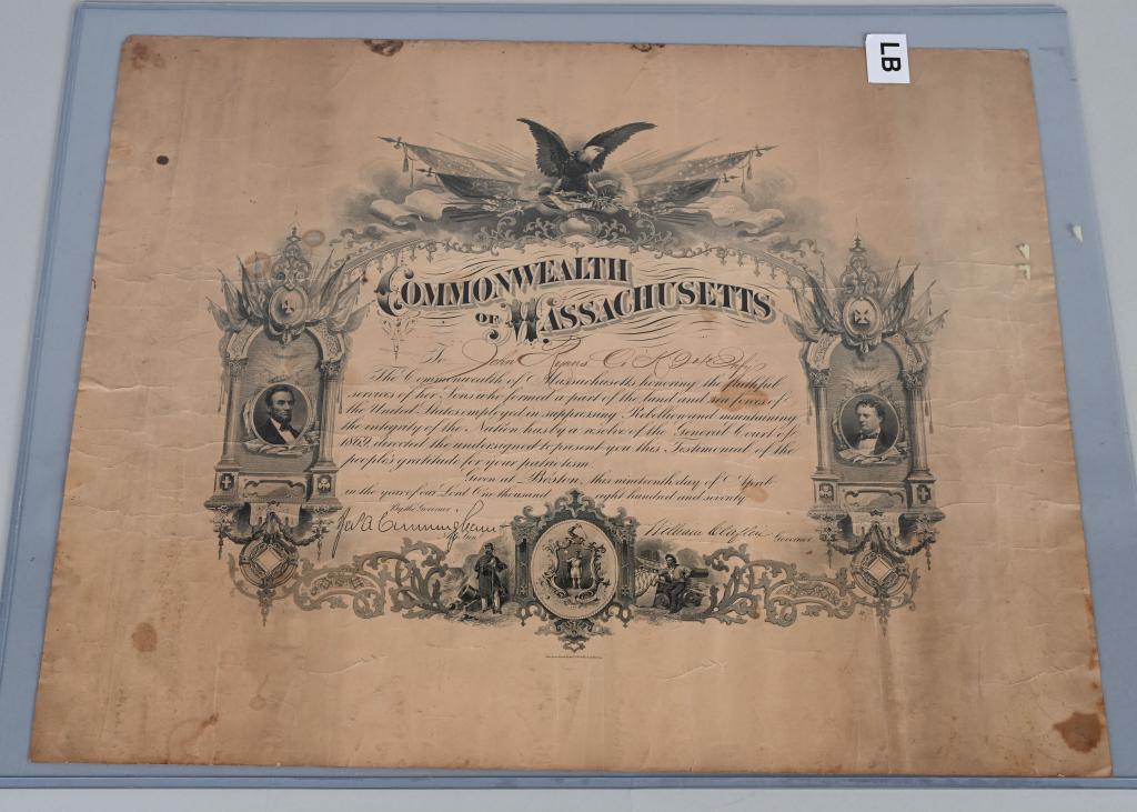 1870 MASSACHUSETTS CERTIFICATE OF RECOGNITION: Dated April 19, 1870 Massachusetts Certificate of Recognition to John Ryans for his duty in the Civil War. Signed by Governor William Claflin and General James A Cunningham. Shows normal patina from a
