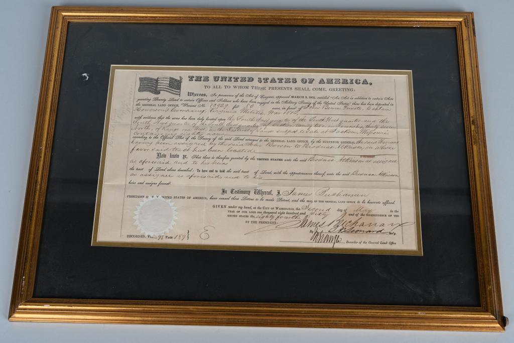 1860 PRESIDENT JAMES BUCHANAN SIGNED LAND DEED: Dated 1860 Land Grant for 80 acres given to John Bowne who was in the Virginia Militia in the War of 1812. The Land Grant is signed by President James Buchanan. Framed 23"x17"