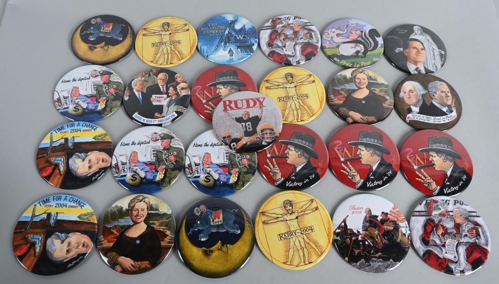 25- BRIAN CAMPBELL LE POLITICAL PINS: Lot of 25 Brian Campbell Limited Edition mostly of 100 Political Pins. Cambell is a Massachusetts based artist known for his political buttons with a pop culture flare. 4" Near Mint