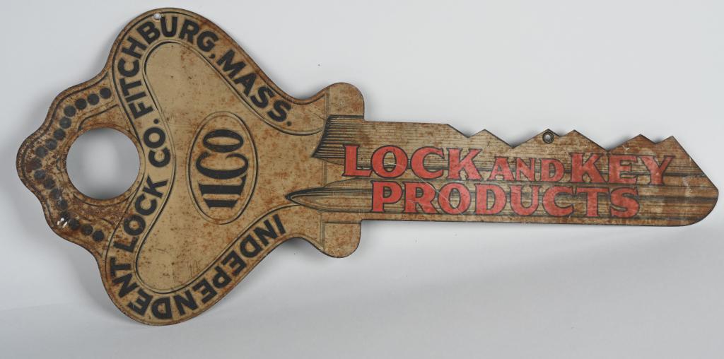 ILCO LOCK AND KEP PRODUCTS DIECUT TIN SIGN: Original 1940's Ilco Lock and Key Products Diecut Double Sided Tin Sign. Diecut in the shape of a key. Has some wear. 32" Very Good