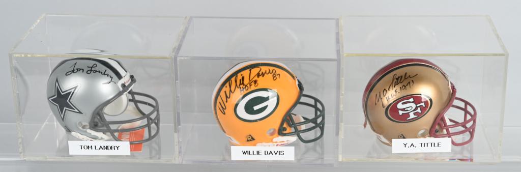 3- NFL HALL OF FAMER SIGNED MINI HELMETS: Includes Ton Landry (deceased) Cowboys hall of Fame Class of 1990, Willie Davis (deceased) Packers Hall of Fame Class of 1981, and YA Tittle (deceased) 49ers Hall of Fame Class of 1971. Signed on Mini