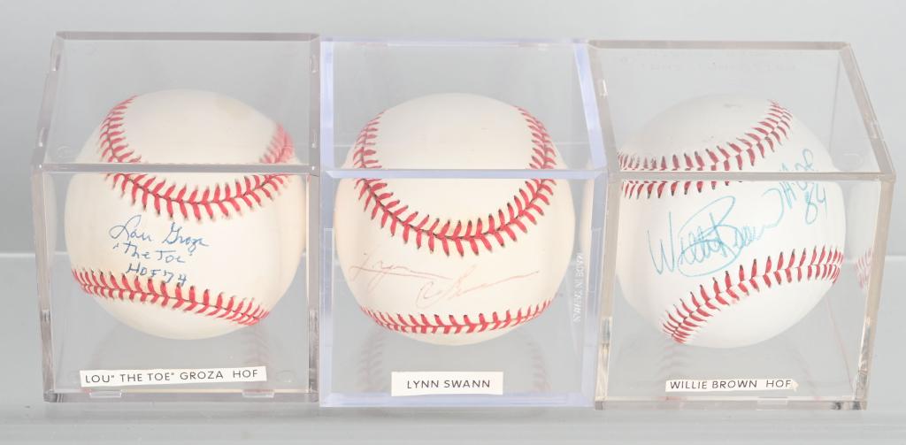 3- NFL HALL OF FAMER SIGNED RAWLING BASEBALLS: Includes Lou Groza (deceased) Hall of Fame Class of 1974, Lynn Swann Hall of Fame Class of 2001, and Willie Brown (deceased) Hall of Fame Class of 1984. All signed on Rawlings Baseballs. All with acry