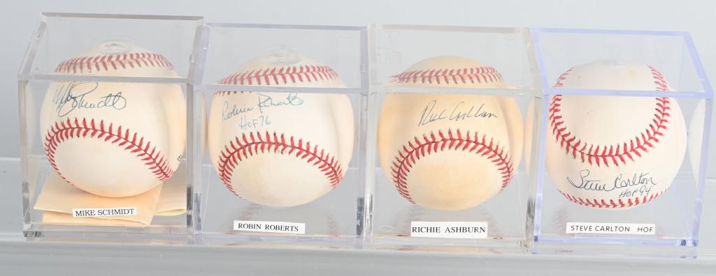 4- PHILLIES HALL OF FAMER SIGNED BASEBALLS: Includes Robin Roberts, Mike Schmidt, Richie Ashburn, and Steve Carlton. All signed on Rawlings Baseballs. All with acrylic cases.
