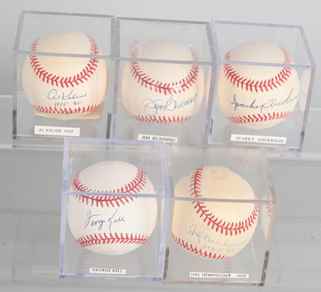 5- TIGERS HALL OF FAMER SIGNED BASEBALLS: Includes Hal Newhouser, George Kell, Sparky Anderson, Jim Bunning, and Al Kaline. All signed on Rawlings Baseballs. All with acrylic cases.