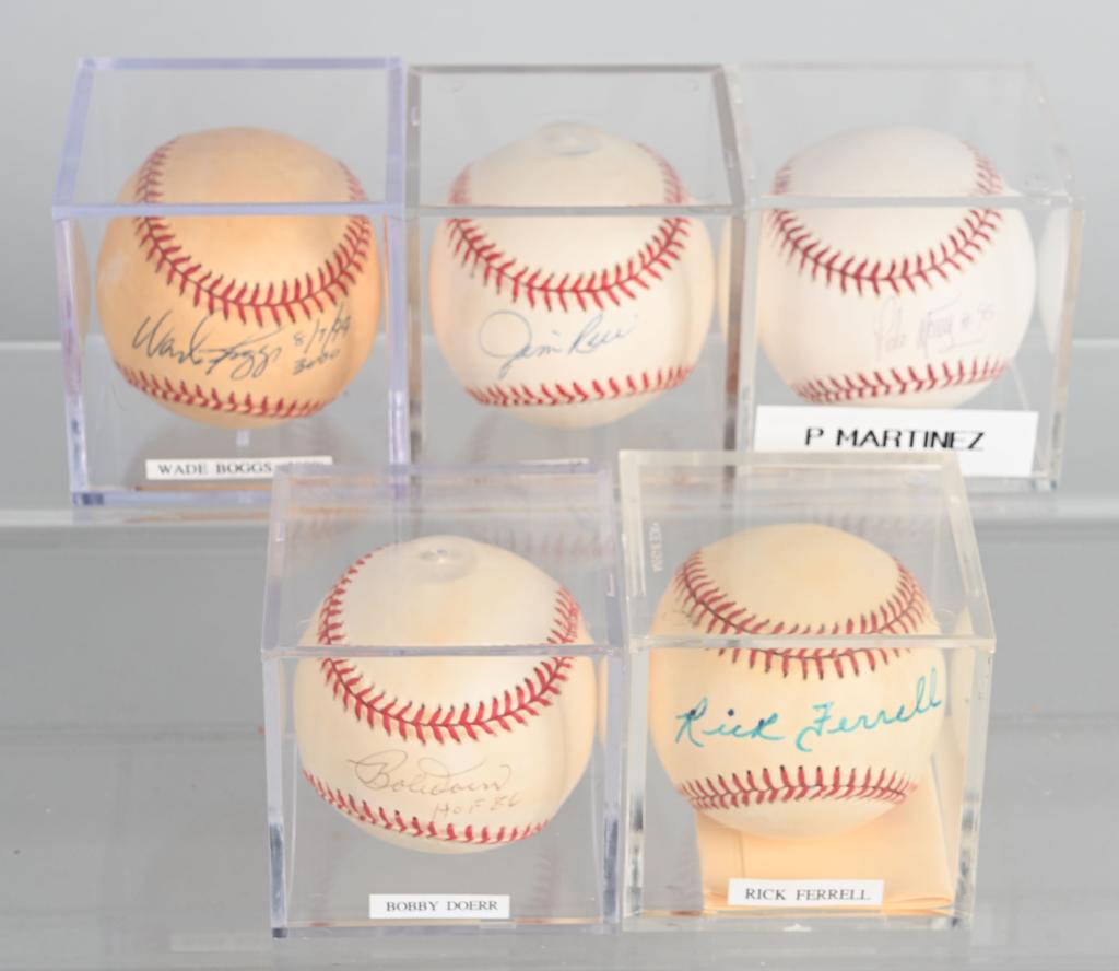 5- RED SOX HALL OF FAMERS SIGNED BASEBALLS: Includes Wade Boggs, Jim Rice, Pedro Martinez, Rick Ferrell, and Bobby Doerr. All signed on Rawlings Baseballs. All with acrylic cases.