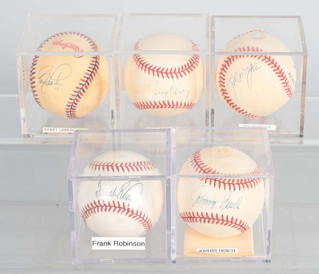 5- REDS HALL OF FAMER SIGNED BASEBALLS: Includes Johnny Bench, Frank Robinson, Joe Morgan, Tony Perez, and Barry Larkin. All signed on Rawlings Baseballs. All with acrylic cases.