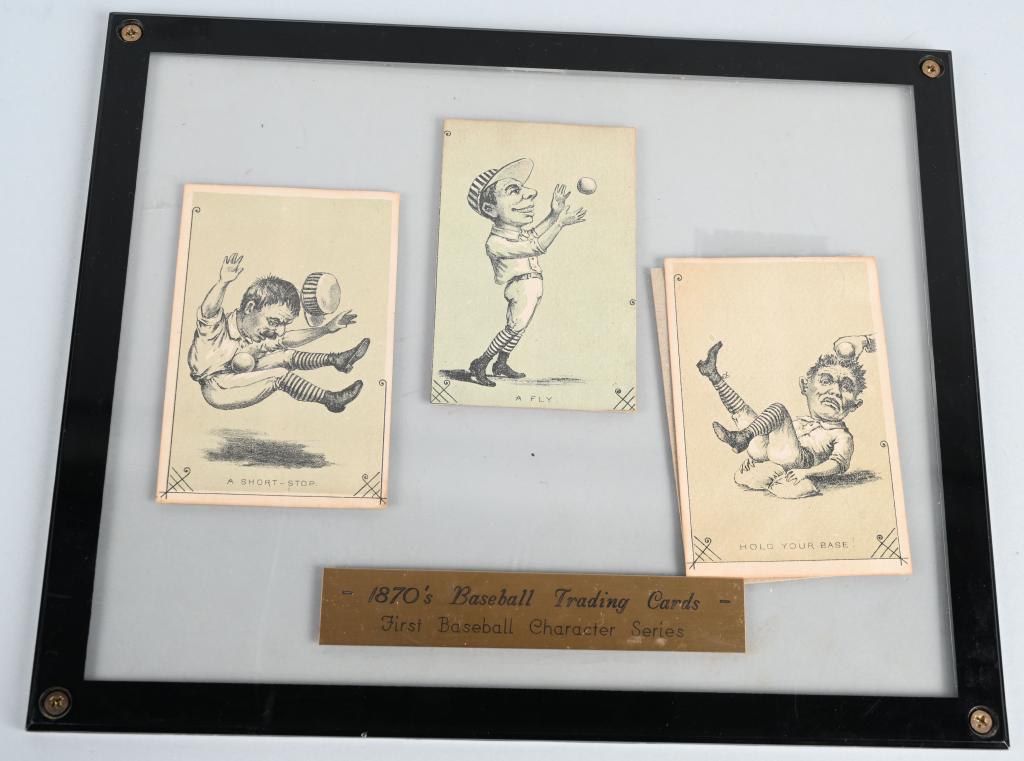 SATIRICIAL LOT OF (3) 1870'S BASEBALL CARDS.: Three small post card size sepia toned baseball character cards to include; Hold your base, A Fly and A Short Stop. Cards measure 2 5/8 x 4". Two have borders and one has been trimmed of border. Overa