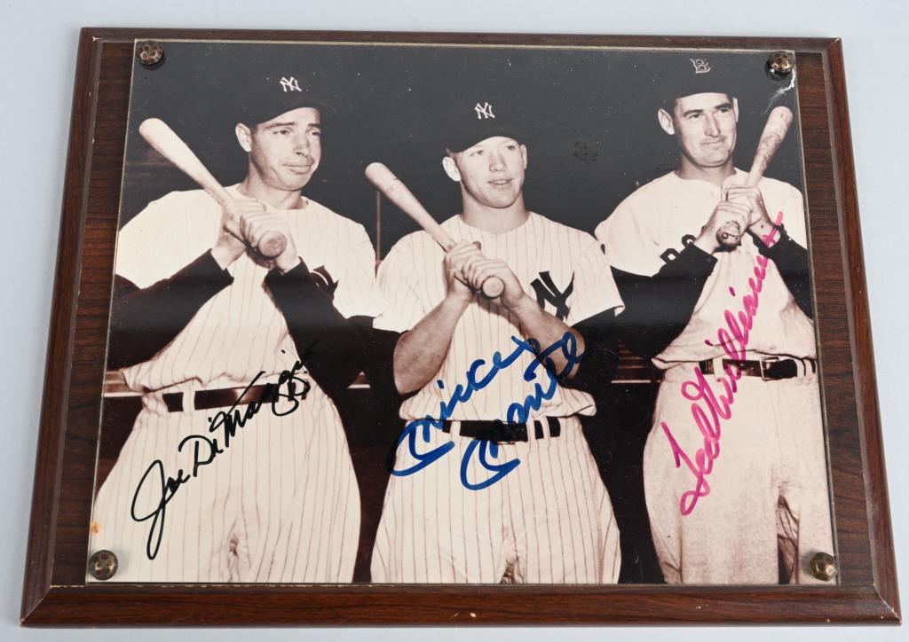 DIMAGGIO, MANTLE & WILLIAMS SIGNED PHOTO: 8X10 PHOTOGRAPH . Signed in black marker by Joe, blue marker by Mantle and purple maker by Williams.