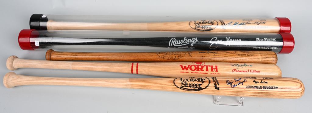AUTOGRAPHED BASEBALL BAT LOT OF (5): A. Ernie Banks signed 1965-68 H&B 125J signature model bat in black sharpie. B. Whitey Ford in blue sharpie on Worth full size bat. C. Ozzie Smith, blue sharpie on signature model Louisville Slugger H
