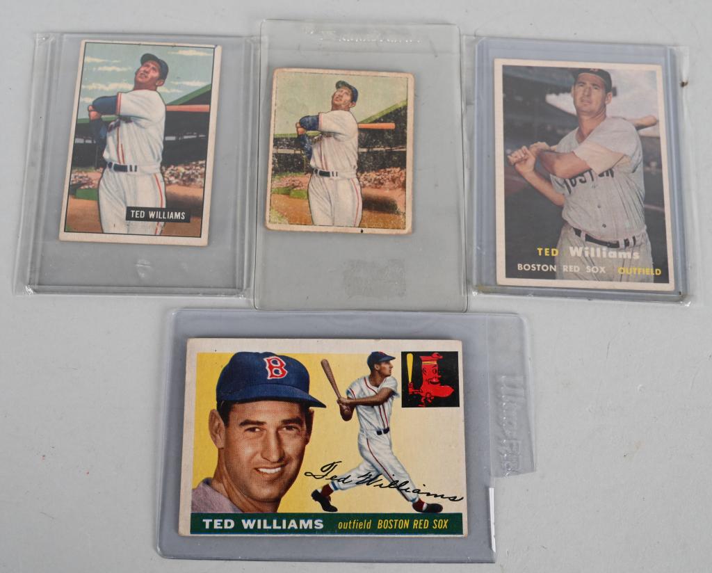 LOT OF 4 1950'S TED WILLIAMS BASEBALL CARDS: 1950 Bowman #98. Solid vg. 1951 Bowman #165. Exc. 1955 Topps #2 Exc. 1957 Topps # Exc.
