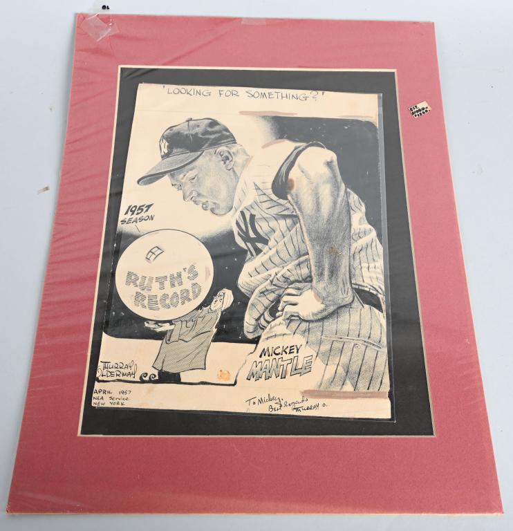 ORIGINAL 1957 MICKEY MANTLE ARTWORK: This 9x13 drawing of the Mick chasing Ruths homerun record was drawn by Murray Olderman Murray Olderman who was an American sports cartoonist and writer. Olderman's work appeared in 750 daily newspape