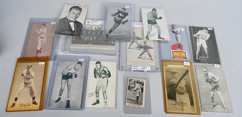 LOT OF (14) VINTAGE BASEBALL & EXHIBIT CARDS: Includes James Collins 1951 Mack All Stars, Bill Wambsganss Caramel card, VSA MINT 9 1915 Spalding #152 Detroit Tigers team card and BSVA Mint 9 Spalding #63 1915 Kling & Tinker. Six 1920-40's boxing 