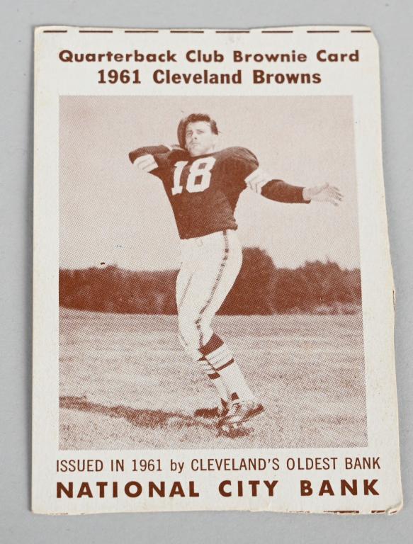 LEN DAWSON TRUE ROOKIE CARD NATIONAL BANK: This is the first ever football card of Len Dawson put out by National City National Bank in 1961. It is card number 1 of set two, all of which were hand cut. Nice crease free rare football card.