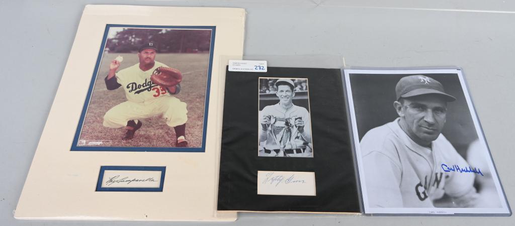 LOT OF 3 HOF AUTOGRAPHED PHOTOS: Includes B&W 8x10 Carl Hubbell in blue sharpie, 3x5 with blue pen cut of Lefty Grove and matted 8x10 color of Campy with nice black pen auto. cut.