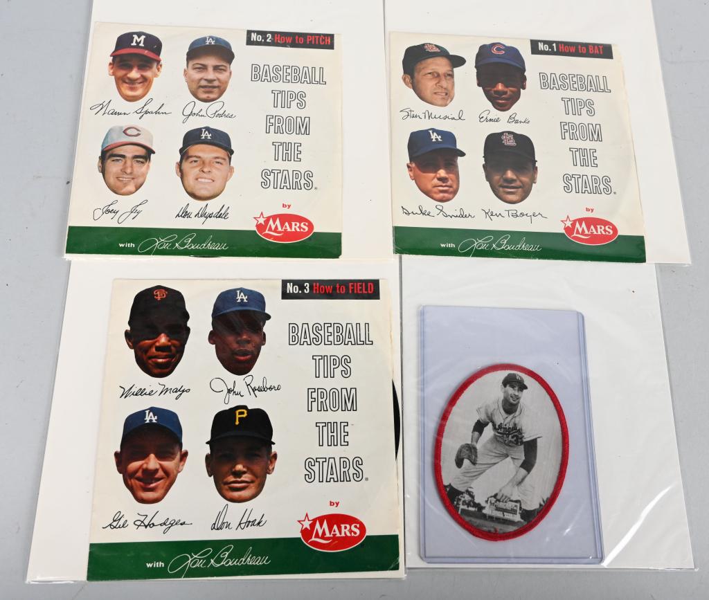 LOT 3 MARS 1962 BASEBALL & KOUFAX PATCH: The three .45 rpm records numbered 1-3 feature full color head shots of four star players on each cover to include Mays, Hodges, Spahn, Drysdale, Musial, Banks and Snider. Also included is a 1964 phot