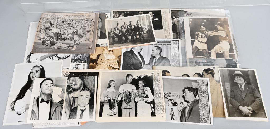 LARGE LOT OVER 30 ASSORTED SPORTS WIRE PHOTOS: Includes 1928 Lindy, 1946 Jack Johnson funeral, 1925 Madison Garden ground breaking, a dozen Babe Didrikson wire photos, 1967 Super Bowl, Byron Nelson, Joe Louis, Ali, etc.