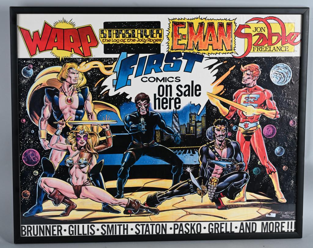 FRAMED COMIC BOOK SUPER HERO STORE DISPLAY POSTER: 22X28 Color poster featuring super-hero artwork and advertising comics for the likes of Warp, Starslayer, E-man and Jon Sable. Advertising "First comics on sale here". Nicely framed, great art work, n
