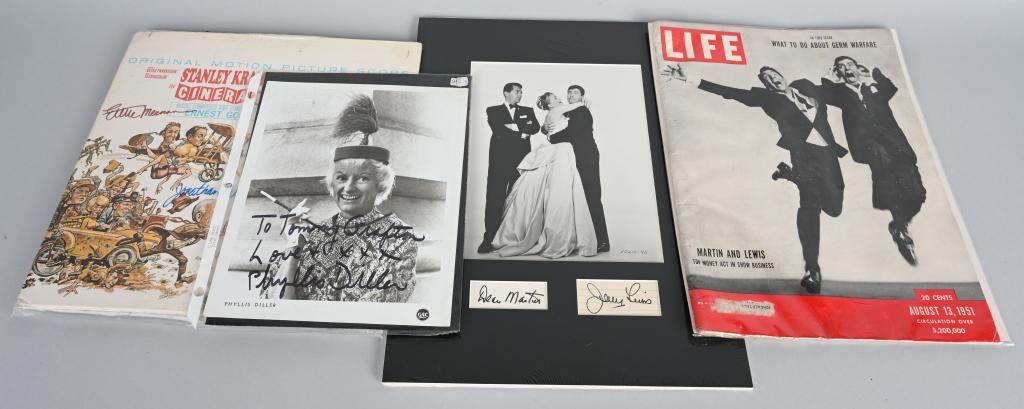 AUTOGRAPHED COMEDIAN LOT OF 4 ITEMS: To include an 8x10 Phillis Diller, matted picture with cuts of Dean Martin and Jerry Lewis, an 8x10 of Don Rickles and lastly, the album sound track from movie "It's a mad, mad, mad mad world" signed