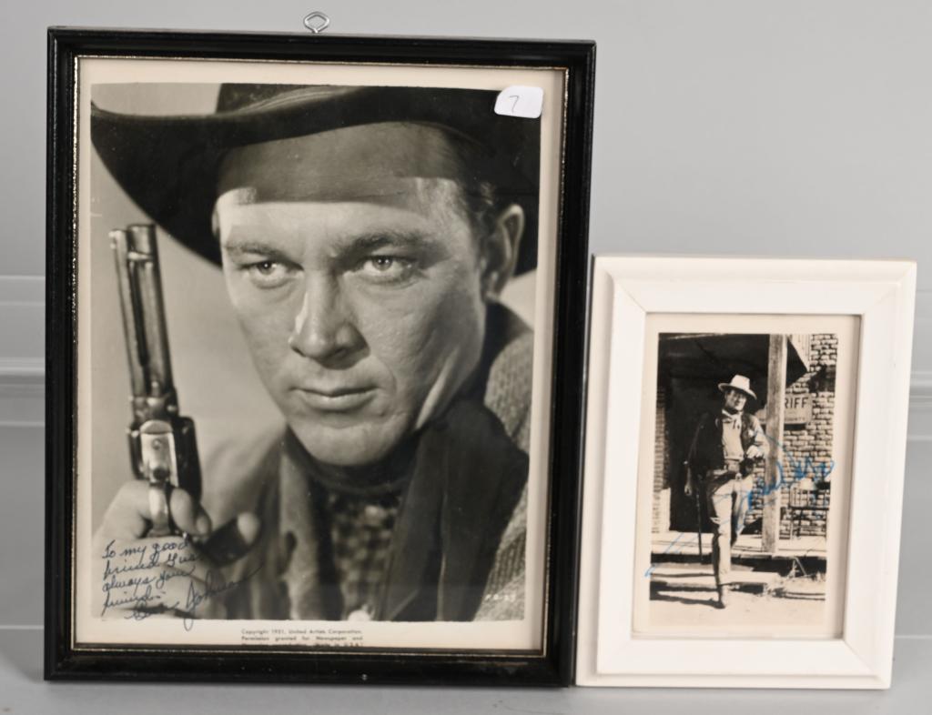 JOHN WAYNE & BEN JOHNSON SIGNED PHOTOGRAPHS: The Duke is signed in blue on small 3x5 framed while Johnson is a publicity 8x10 personalized.
