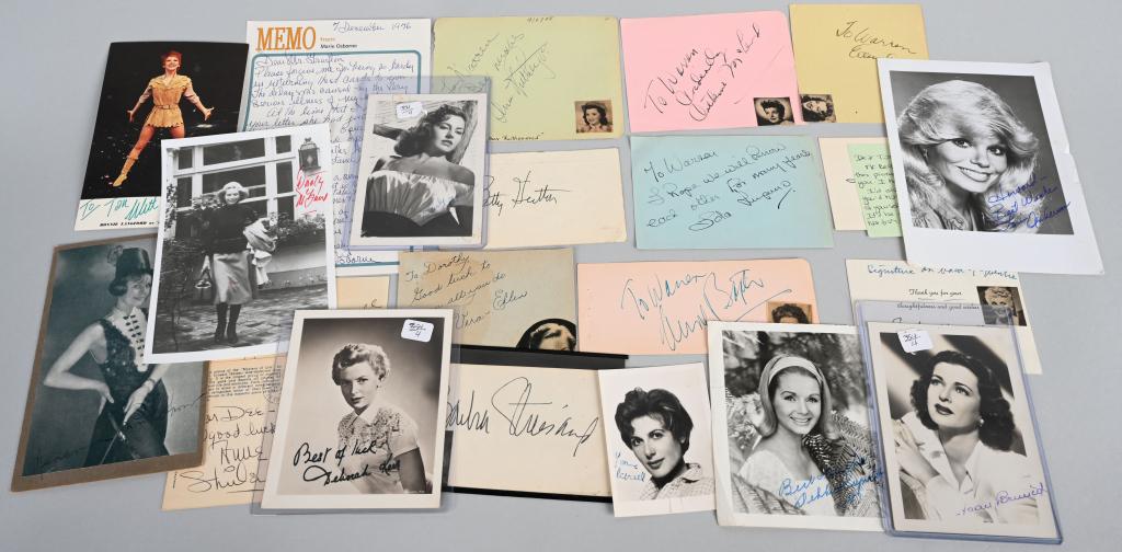 LOT OF 22 ACTRESS AUTOGRAPHS PHOTOS-CUTS: Includes photographs Deborah Kerr, Lori Anderson, Joan Bennet, Debbie Reynolds. Cuts Marie Osmond, Barbara Streisand (2)Judy Holliday, Anne Shirley, Vera Ellen, Ida Lupino, Betty Hutton, Ellen Drew, J