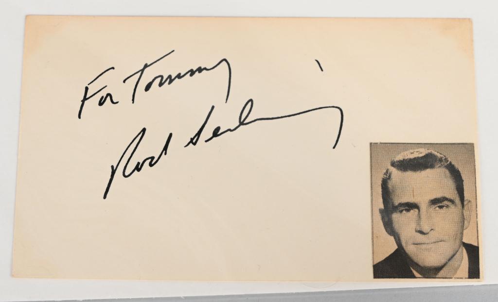 RARE ROD STERLING AUTOGRAPH CARD: ROD STERLING screenwriter, playwright, television producer, and narrator known for his live television dramas of the 1950s and his science-fiction anthology television series, The Twilight Zone. Sterl