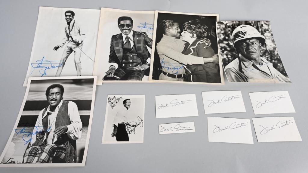 FRANK SINATRA SAMMY DAVIS AUTO. RAT PACK LOT: Includes an 8x10 movie still with Frank in army uniform, 5 B& W photos of Davis performing and 6 Sinatra cuts.