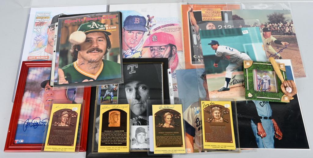 16 ASSORTED AUTO. BASEBALL HOF PICS, CARDS, ETC: HOF cards of Gehringer, Doerr, Kell, and Aparicio. Nolan Ryan card and picture. Sandberg, Ford, Drysdale, Wilhelm, Tommy John, Catfish, Ripken Jr. and Gibson.