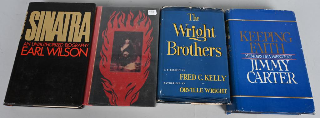 4- SIGNED BOOKS Inc SINATRA, CARTER, & MORE: Lot of 4 Signed Books includes Sinatra signed by Frank Sinatra and Earl Wilson Keeping Faith signed by Jimmy Carter, The Wright Brothers signed by Orville Wright, and The Undead signed by Elvira, Rowe