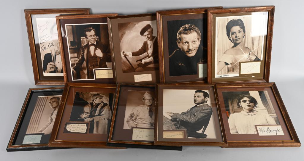 10- CLASSIC ACTORS & ACTRESS AUTOGRAPHS w/ PICS: Nice selection of 10 Classic Actors and Actress Autographs framed with Pictures. Includes Basil Rathbone, Al Jolson, William Holden, Ann Bancroft, Phil Silver, Robin Leach, Lena Horne, Danny Kaye, Est