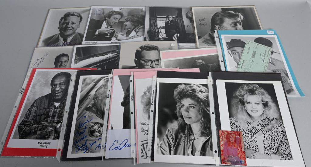 15- ACTOR & ACTRESS SIGNED PHOTOS & MORE: Unique lot of autographed photos or more. Includes Sally Struthers, Julia Hamilton, Georgia Engel, Ed Asner, Ernest Borgnine, Bill Cosby, Jim Nabors, Julie Andrews, Robert Lewis, John Travolta, Ricard