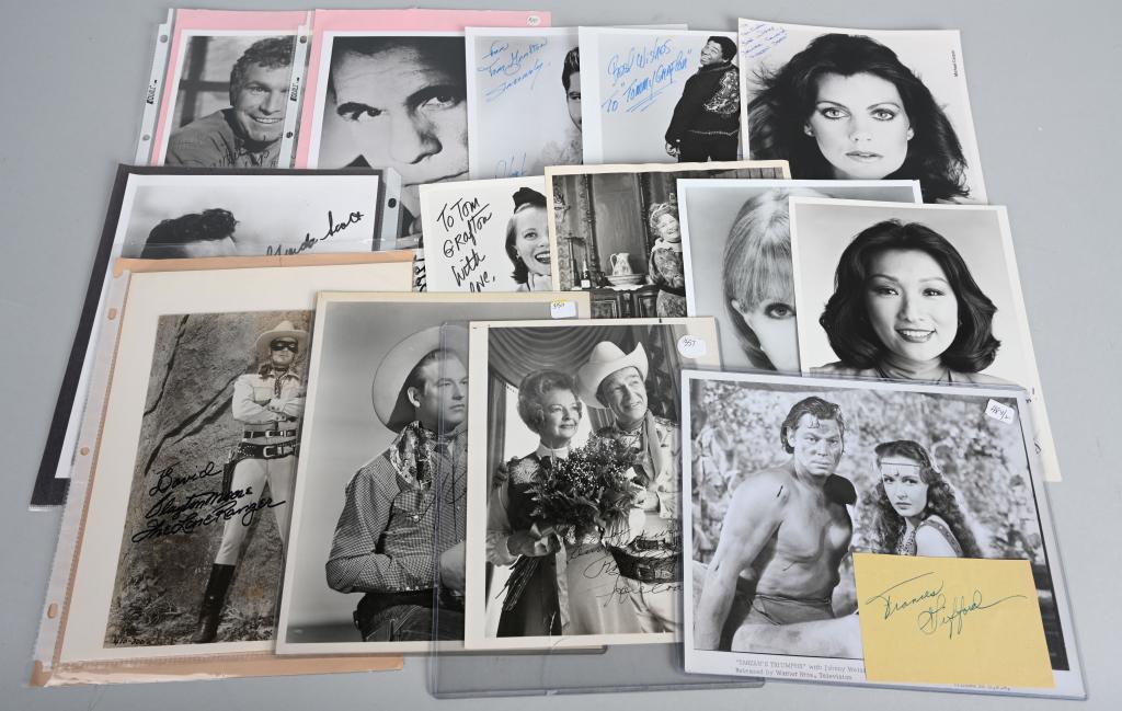 15- ACTOR & ACTRESS SIGNED PHOTOS & MORE: Unique lot of autographed photos and more. Includes Abel Fernandez, Bob Hope, Johnny Brown, Denise Coward, Gordon Scott, Julie Harris, Julie Harris, Connie Chung, Clayton Moore, Rex Allen, Roy Rogers,