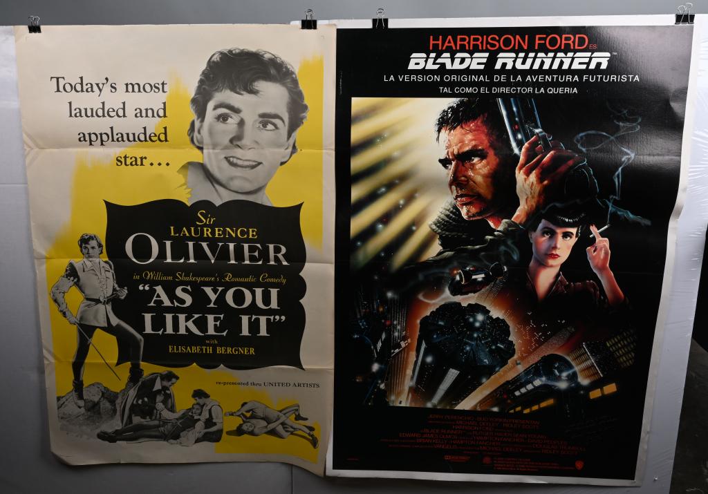 7- MOVIE POSTERS: Includes 3 Coma, Blade Runner that was autographed by Edward James Olmos, 2 As You Like, and Thief of Baghdad. Wear and tear. Very Good-Excellent