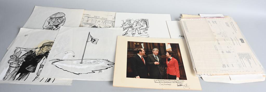 JOHN UPDIKE ARCHIVE: Very interesting archive of ephemera belonging to John Updike the American Novelist, Poet, Cartoonist, and Critic. Includes Receipts, Signed Documents, cartoons from Friends, Post Cards, Poems, and Mo