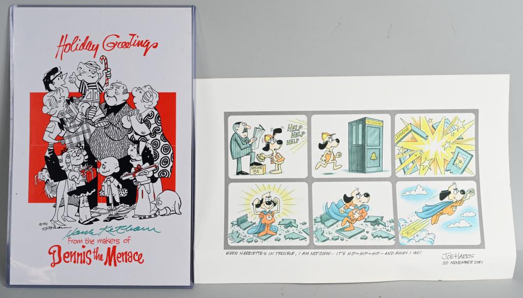 UNDERDOG & DENNIS THE MENACE SIGNED ART: Joe Harrow signed and dated Cartoon and Dennis the Menace Holiday Card signed by Hank Ketcham. Largest measures 19"