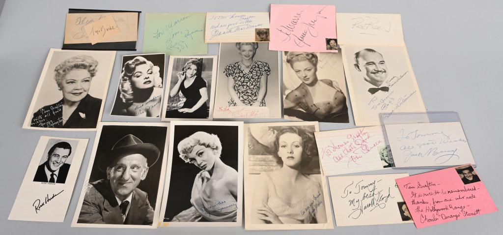 LOT OF 19 ASSORTED AUTOGRAPHS PHOTOS ETC: Autographed 4x6 to 5x7 B&W photographs include; Julie Harris dated 1962, Cleo Moore, Jimmie Durante, Spring Byington, Paul Whiteman (band leader) and others. Most very early post war. Autograph book p